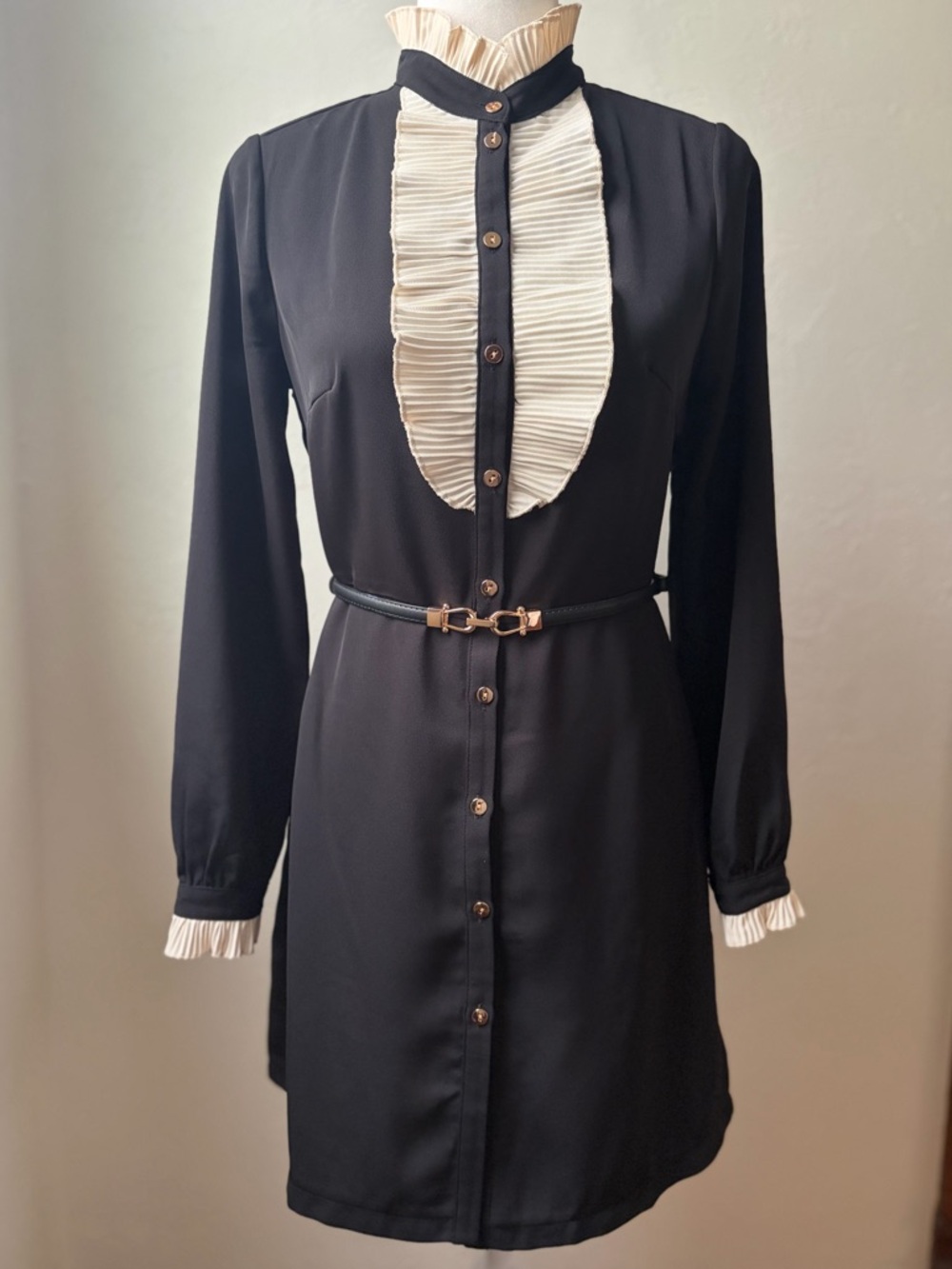 Karen Millen Black Frill Bib Dress Gold Button Victorian NWT US 6